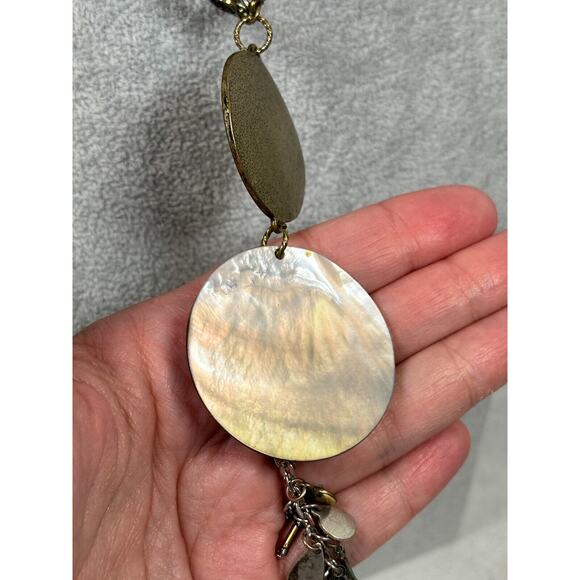 Chicos Necklace Pendant Y Drop Medallion Shell Layered Tassel Charm Bronze Tone - Picture 5 of 12